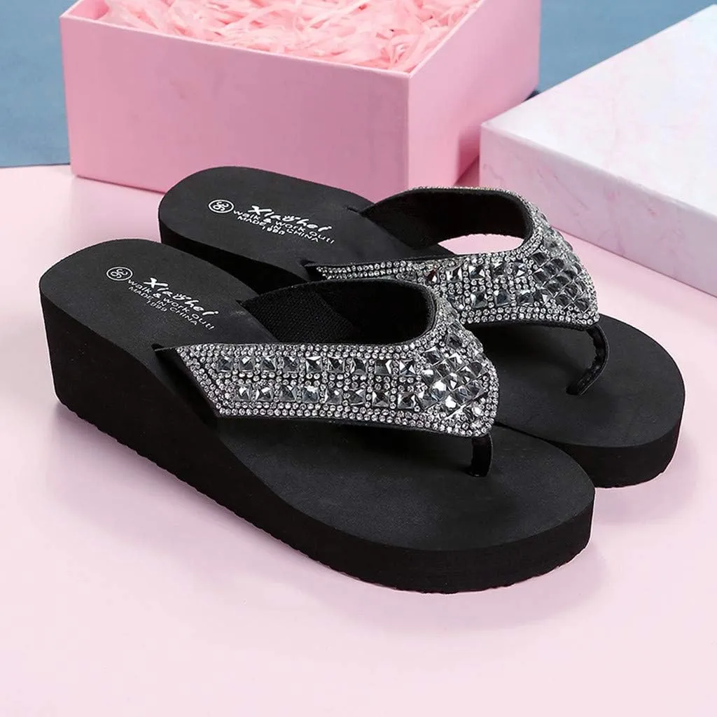 Rhinestone Flip Flops for Women Wedge Slippers Casual Beach Shoes Summer Platform Slides Wedge Sandals (Black, 6.5)