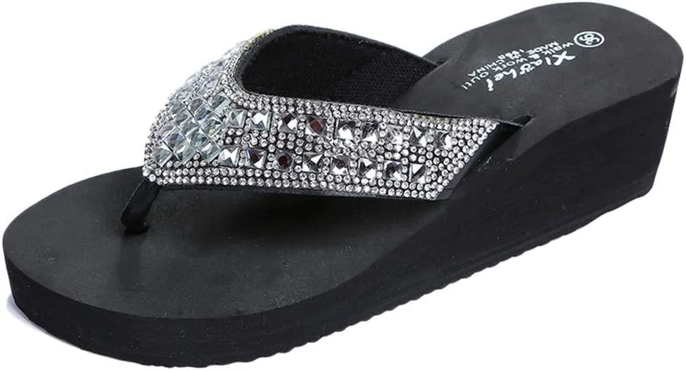Rhinestone Flip Flops for Women Wedge Slippers Casual Beach Shoes Summer Platform Slides Wedge Sandals (Black, 6.5)