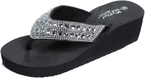 Rhinestone Flip Flops for Women Wedge Slippers Casual Beach Shoes Summer Platform Slides Wedge Sandals (Black, 6.5)