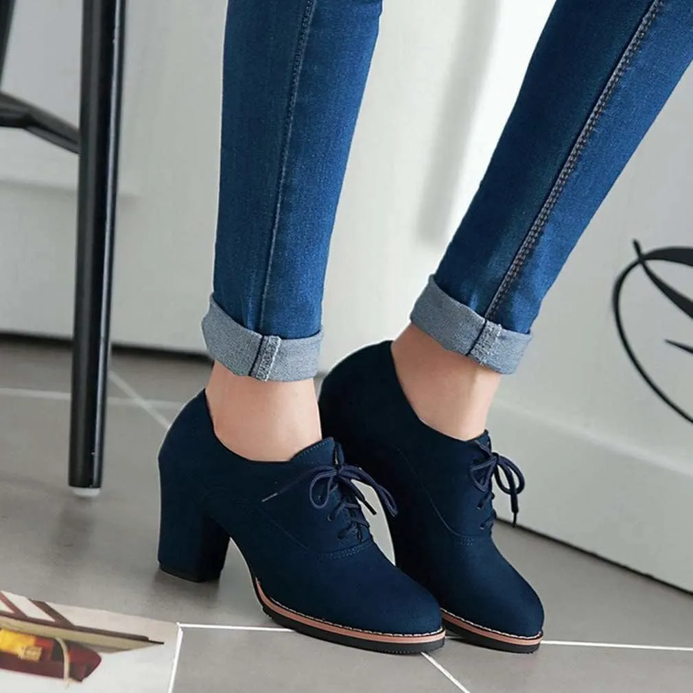 SACFOF Womens Block Heel Pumps Platform Chunky Boots Suede Comfort Oxfords Lace up Dress Shoes Mid Heels Ankle Boots