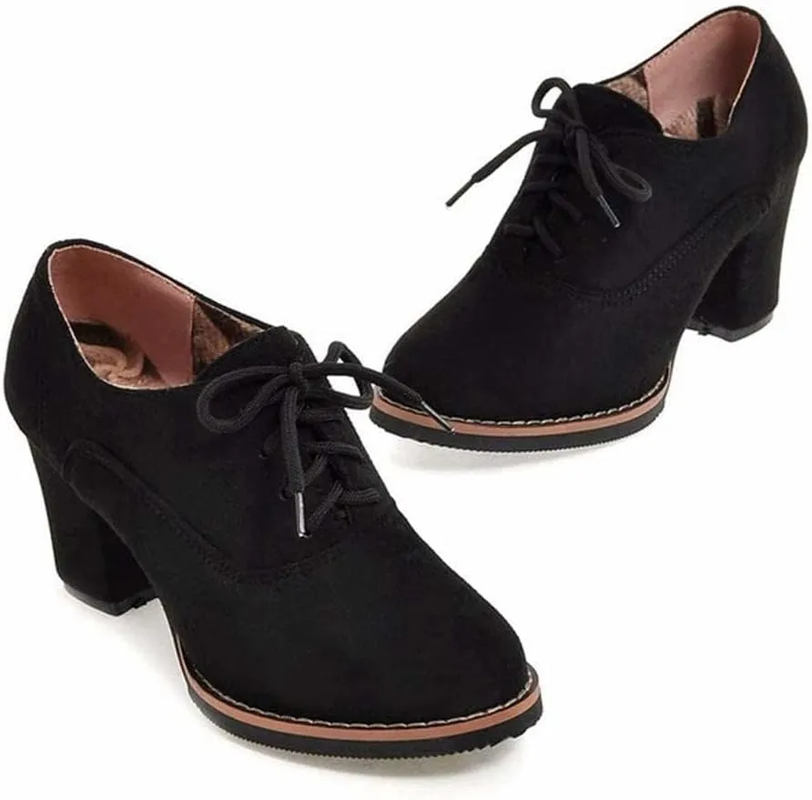 SACFOF Womens Block Heel Pumps Platform Chunky Boots Suede Comfort Oxfords Lace up Dress Shoes Mid Heels Ankle Boots