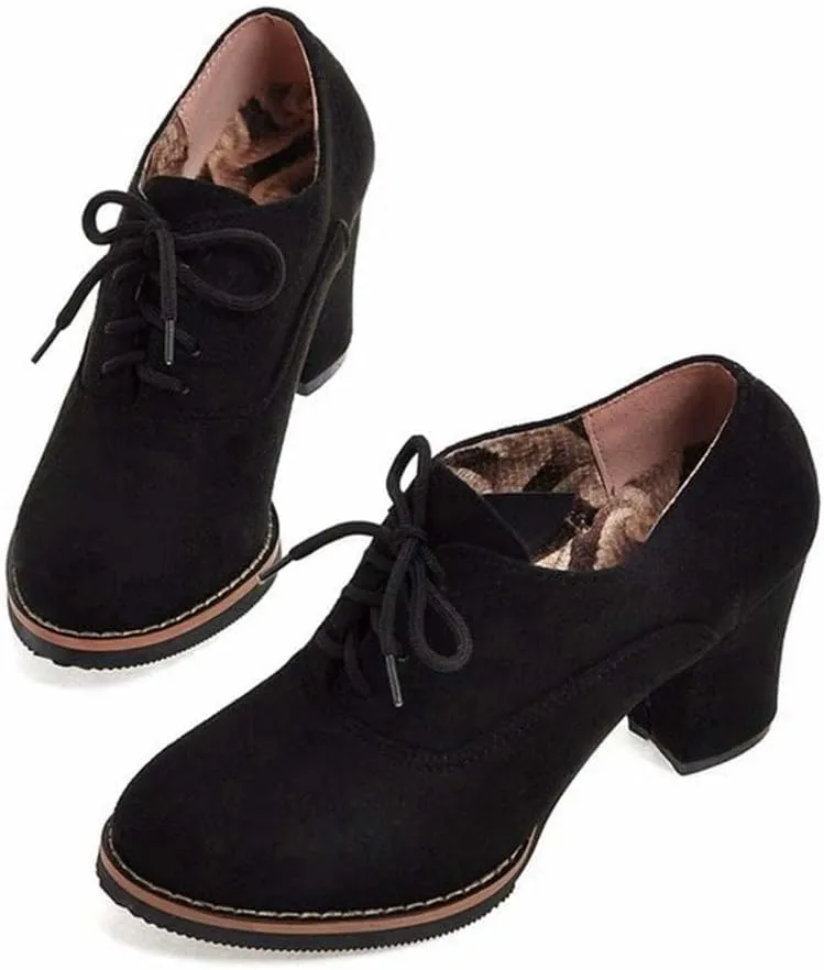 SACFOF Womens Block Heel Pumps Platform Chunky Boots Suede Comfort Oxfords Lace up Dress Shoes Mid Heels Ankle Boots