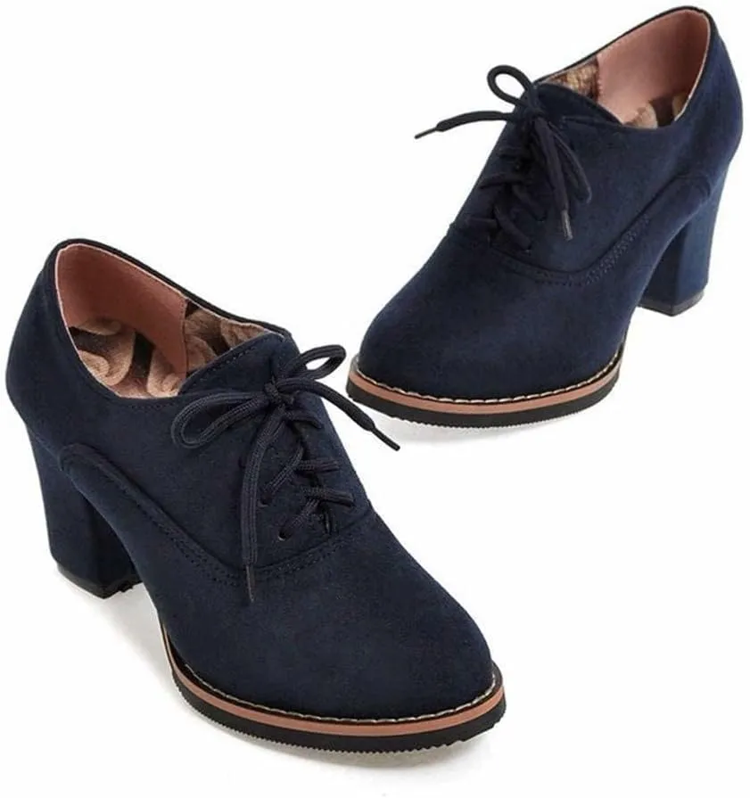 SACFOF Womens Block Heel Pumps Platform Chunky Boots Suede Comfort Oxfords Lace up Dress Shoes Mid Heels Ankle Boots