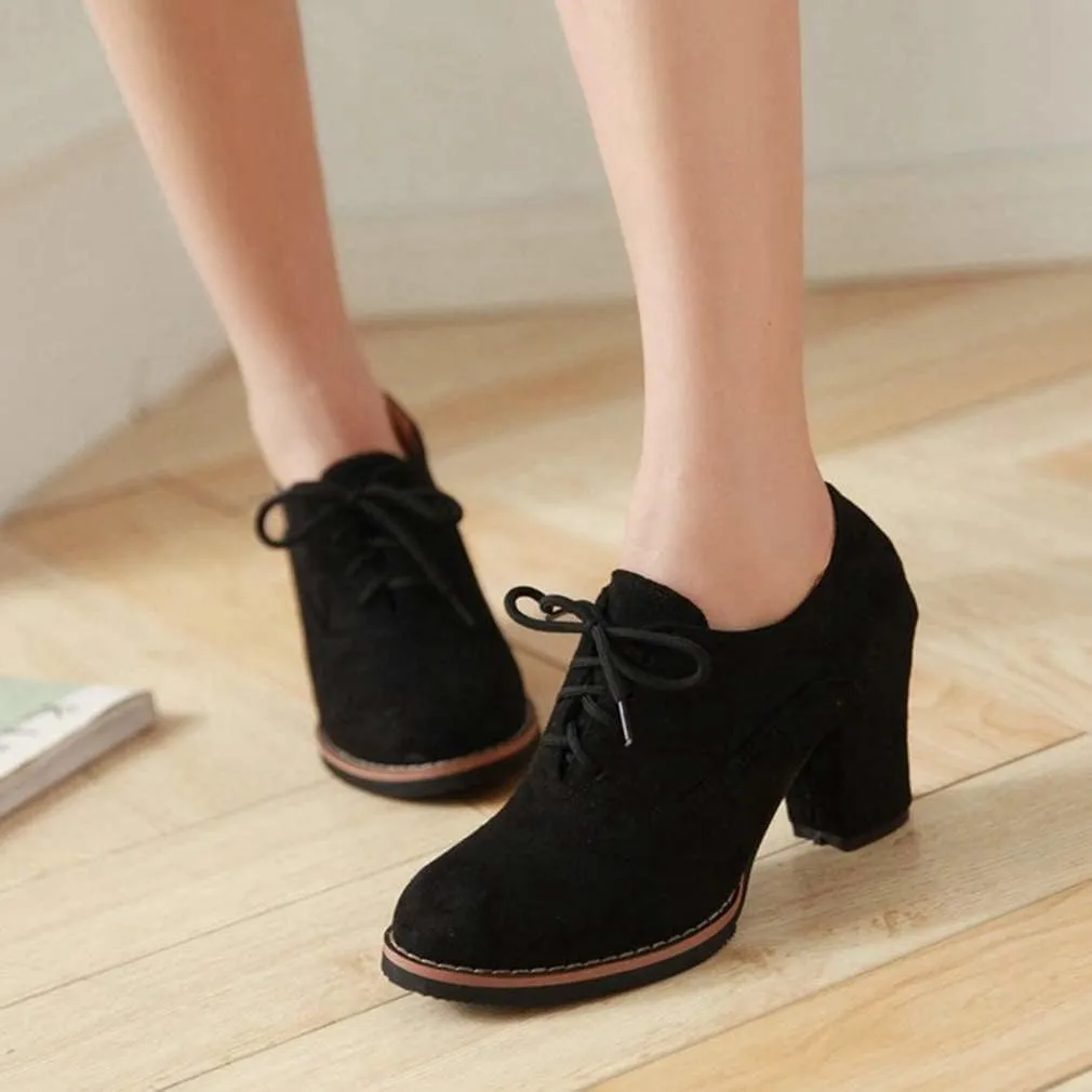 SACFOF Womens Block Heel Pumps Platform Chunky Boots Suede Comfort Oxfords Lace up Dress Shoes Mid Heels Ankle Boots