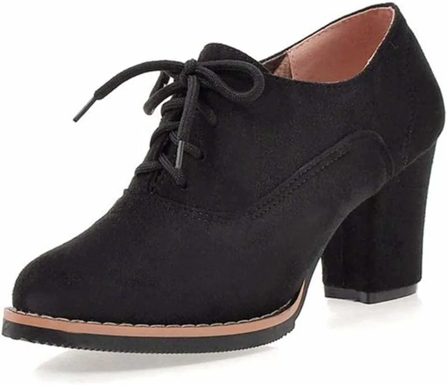 SACFOF Womens Block Heel Pumps Platform Chunky Boots Suede Comfort Oxfords Lace up Dress Shoes Mid Heels Ankle Boots