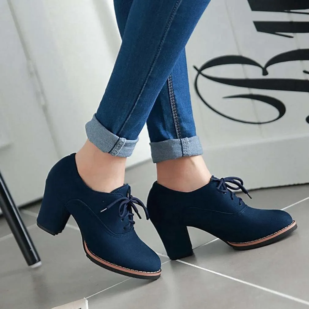 SACFOF Womens Block Heel Pumps Platform Chunky Boots Suede Comfort Oxfords Lace up Dress Shoes Mid Heels Ankle Boots