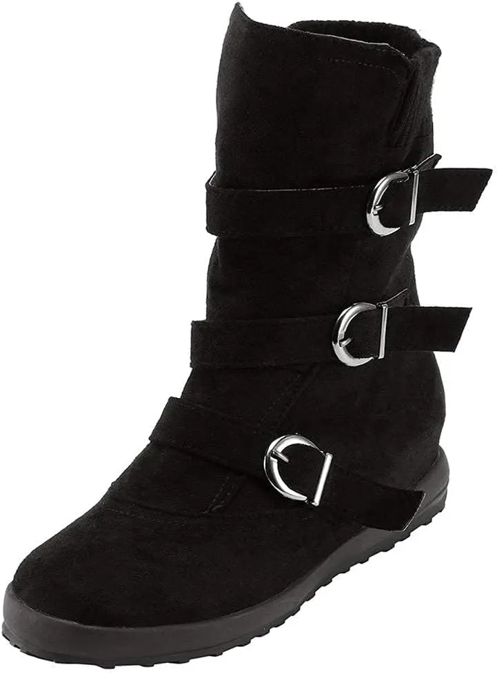 SACFOF Women's Mid Calf Fashion Winter Snow Boots Outdoor Suede Slouch Snow Booties Shoes Side Zipper Wedge Ankle Boots