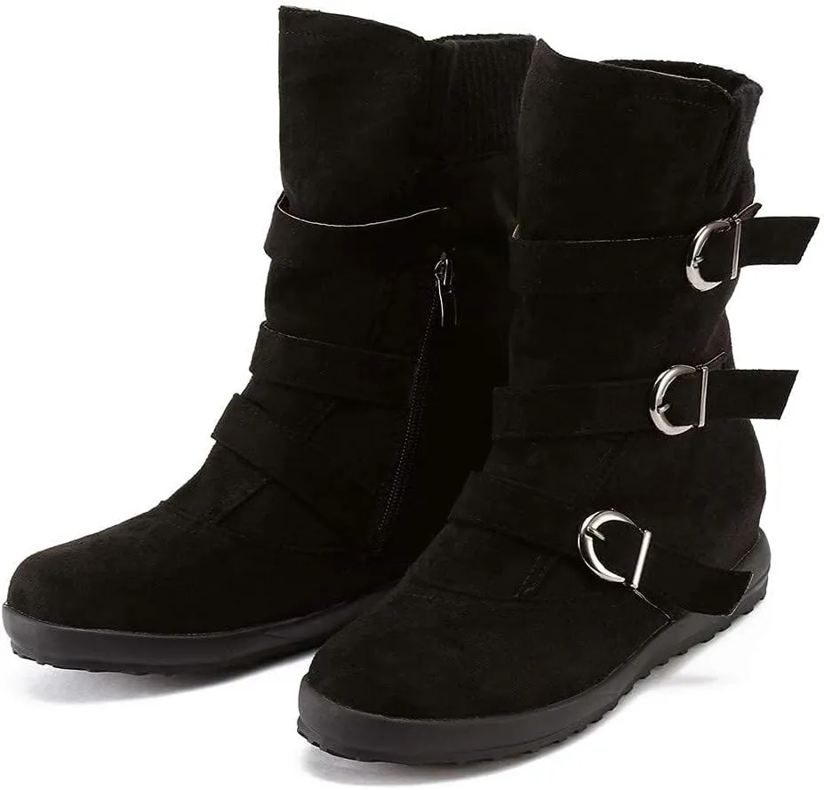SACFOF Women's Mid Calf Fashion Winter Snow Boots Outdoor Suede Slouch Snow Booties Shoes Side Zipper Wedge Ankle Boots