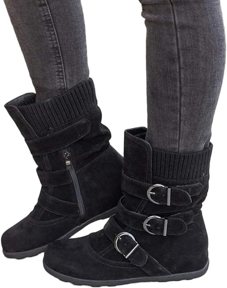 SACFOF Women's Mid Calf Fashion Winter Snow Boots Outdoor Suede Slouch Snow Booties Shoes Side Zipper Wedge Ankle Boots