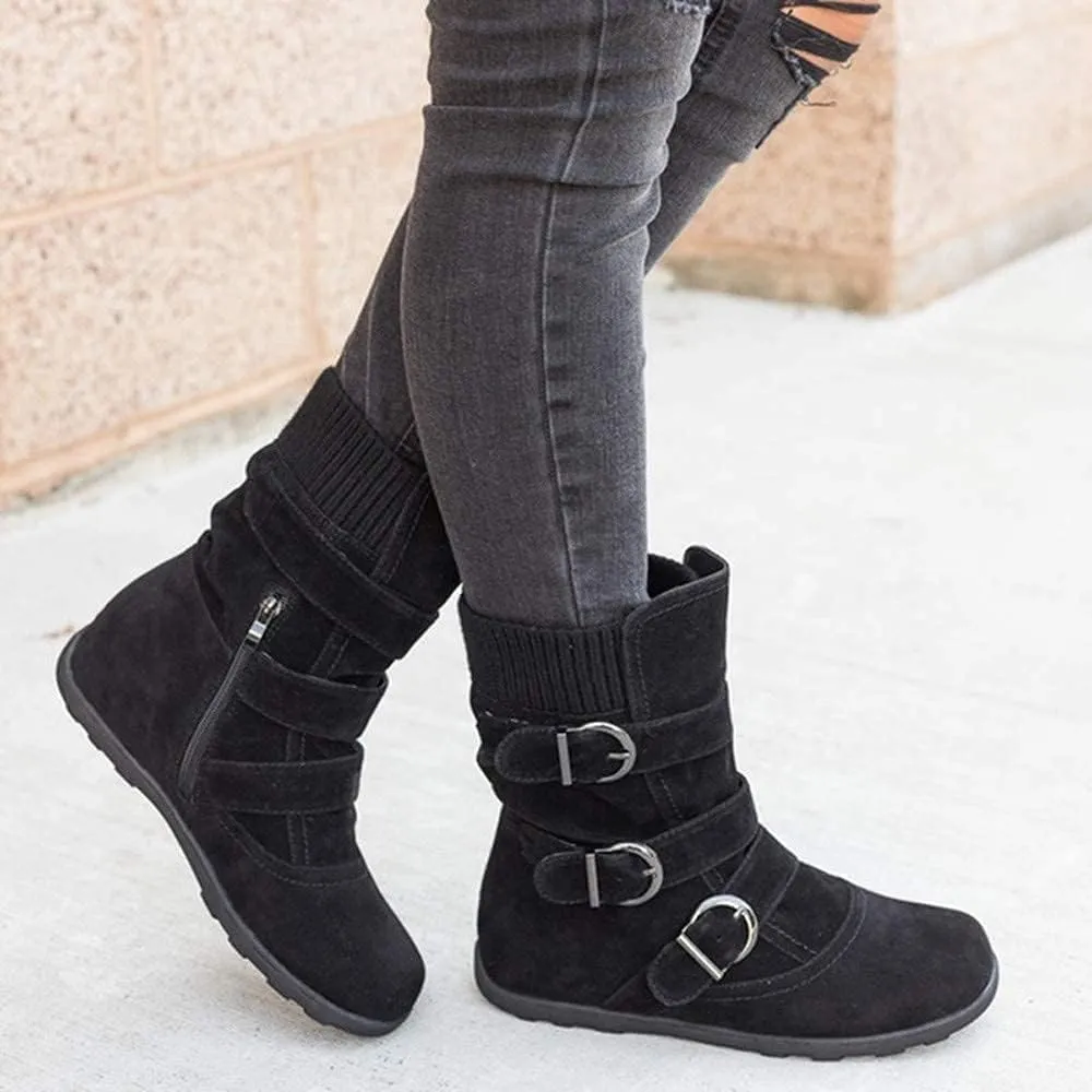 SACFOF Women's Mid Calf Fashion Winter Snow Boots Outdoor Suede Slouch Snow Booties Shoes Side Zipper Wedge Ankle Boots