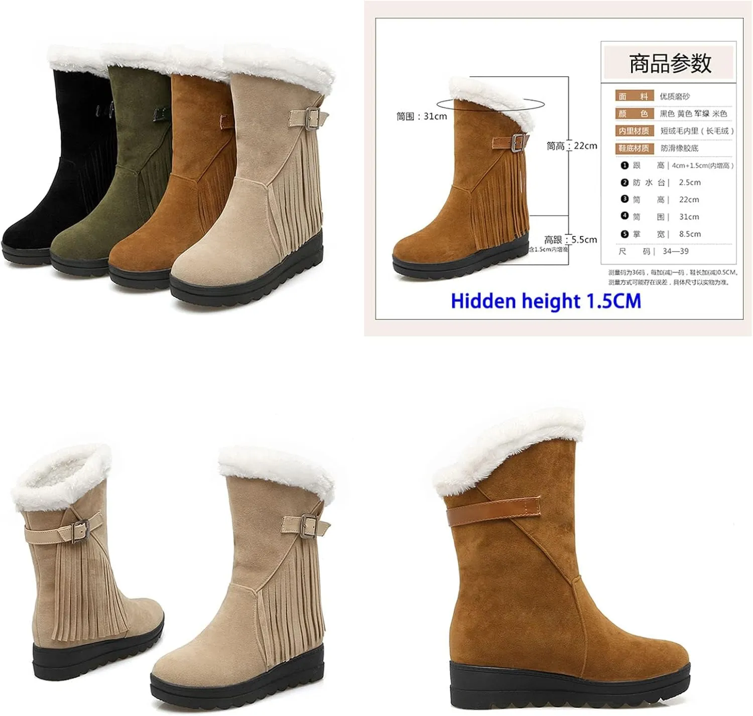 SACFOF Women's Mid Calf Snow Boots Winter Tassels Hidden Height Buckle Warm Faux Fur Outdoor Comfort Shoes