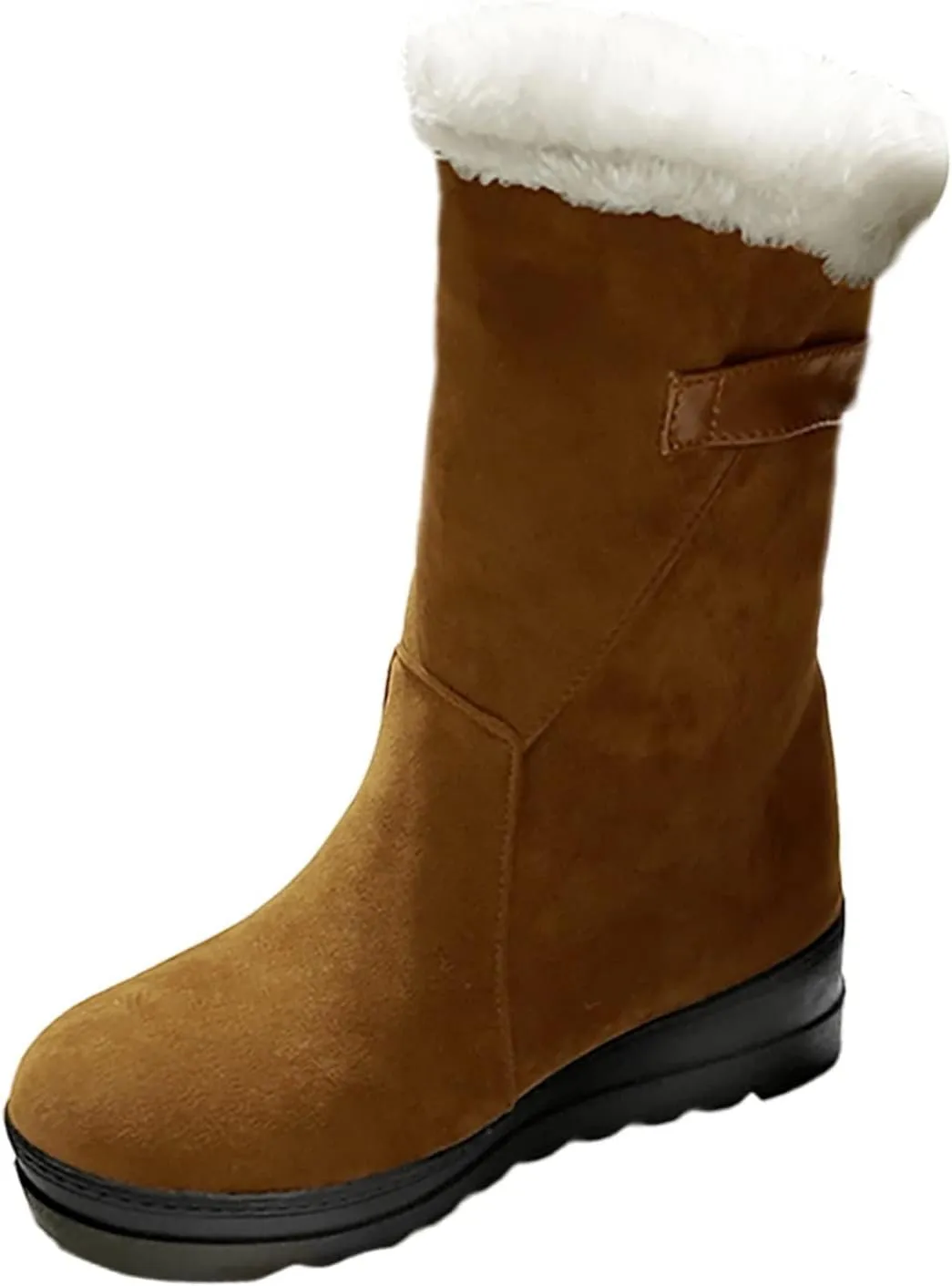 SACFOF Women's Mid Calf Snow Boots Winter Tassels Hidden Height Buckle Warm Faux Fur Outdoor Comfort Shoes