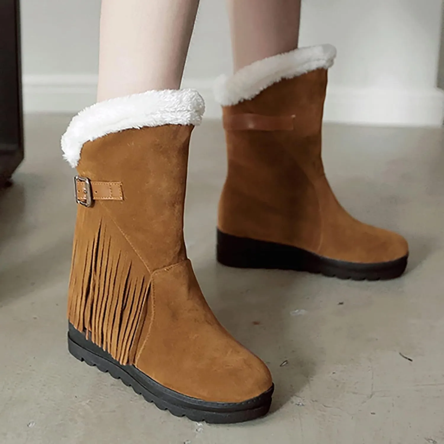 SACFOF Women's Mid Calf Snow Boots Winter Tassels Hidden Height Buckle Warm Faux Fur Outdoor Comfort Shoes