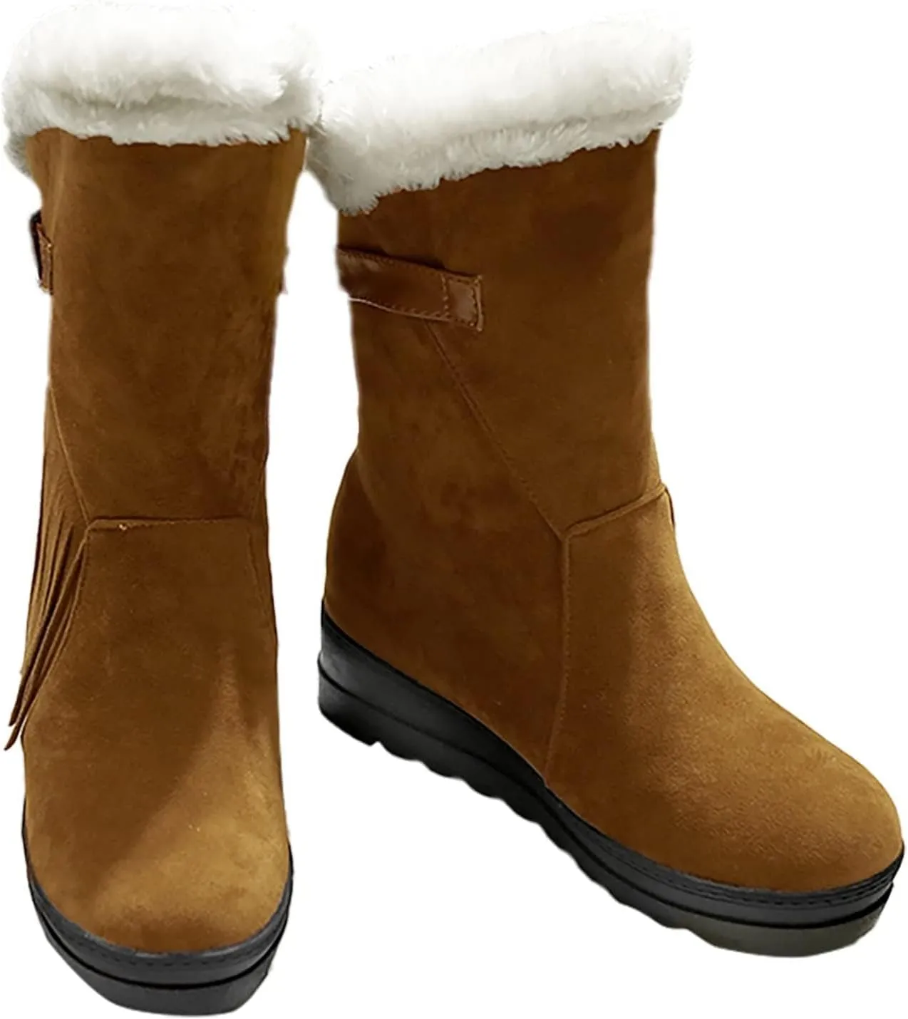 SACFOF Women's Mid Calf Snow Boots Winter Tassels Hidden Height Buckle Warm Faux Fur Outdoor Comfort Shoes