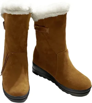 SACFOF Women's Mid Calf Snow Boots Winter Tassels Hidden Height Buckle Warm Faux Fur Outdoor Comfort Shoes