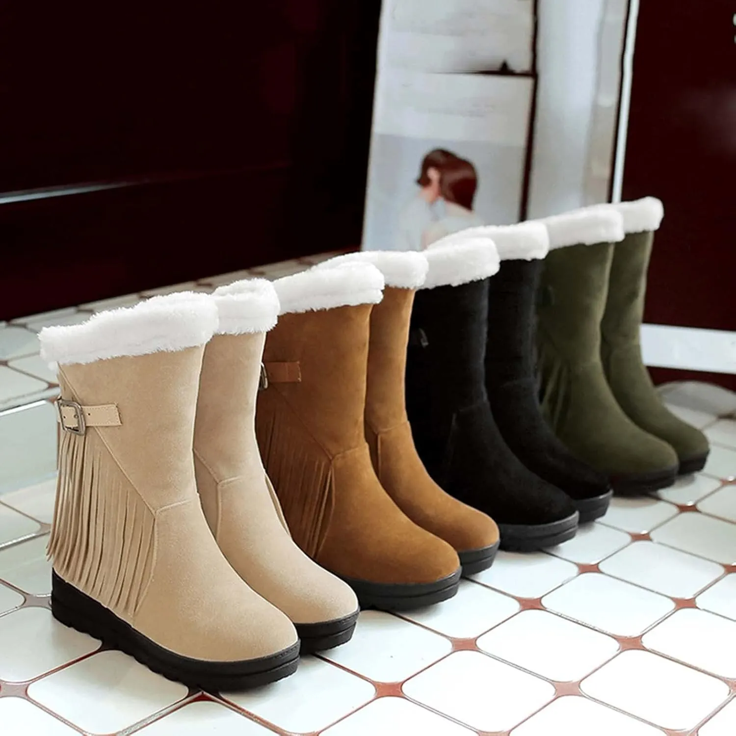 SACFOF Women's Mid Calf Snow Boots Winter Tassels Hidden Height Buckle Warm Faux Fur Outdoor Comfort Shoes