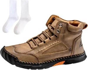 Sawbehind Men's Comfortable Handmade Leather Boots, Outdoor Sawbehind Leather Boots Wide, Waterproof, Arch Support