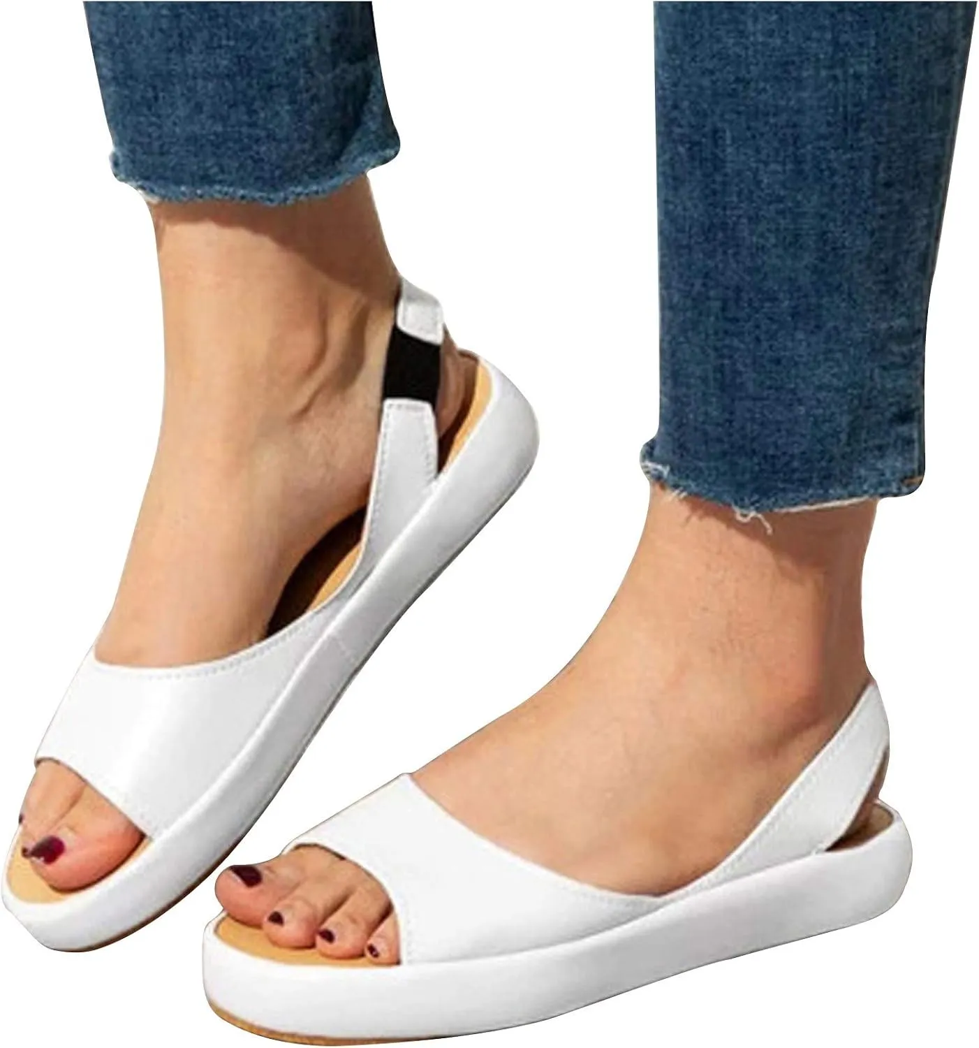 Sexy Sandals for Women Flat Falt Elastic Peep toe Solid Color One Strap Casual Slide Slip On Ladies Flat Sandals