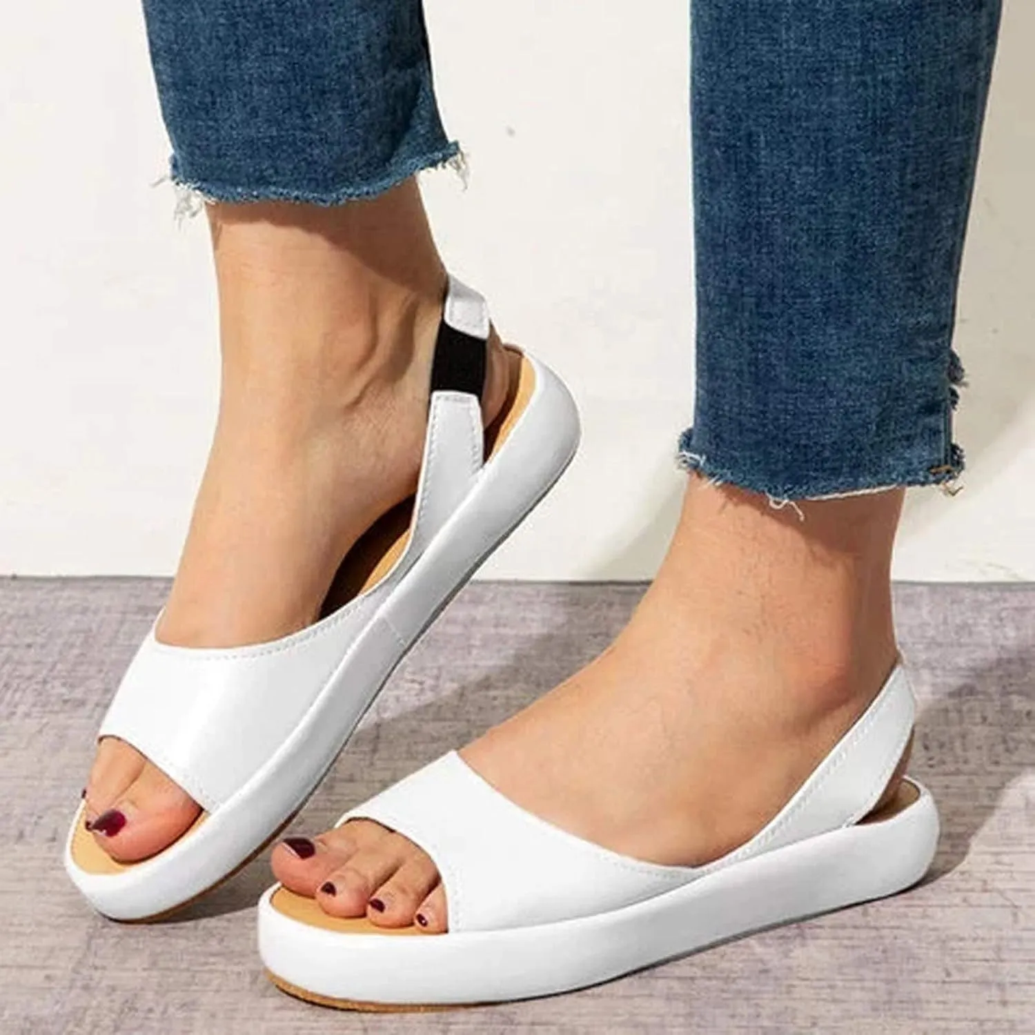 Sexy Sandals for Women Flat Falt Elastic Peep toe Solid Color One Strap Casual Slide Slip On Ladies Flat Sandals