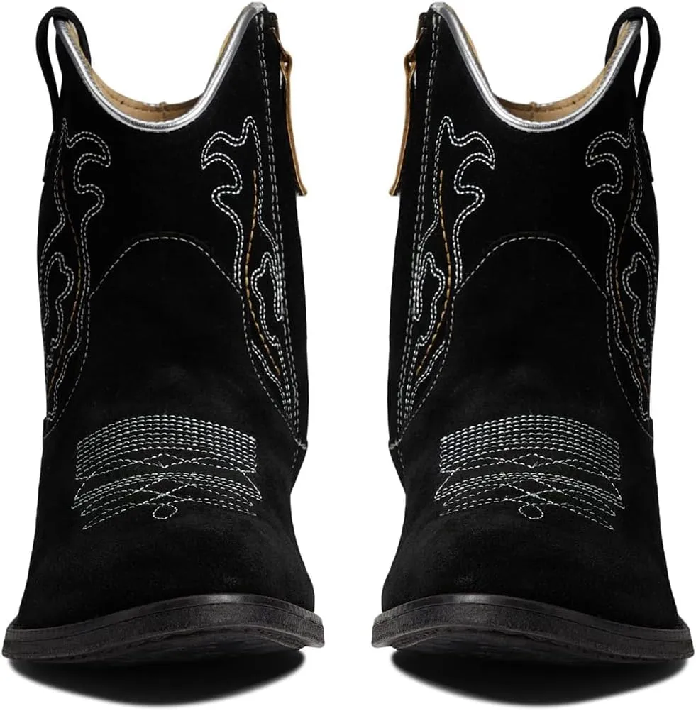 SHODENSE Cowboy Boots Women Embroidered Ankle Booties Low Chunky Stacked Heel Pointed Toe Mid Calf Western Boots Zipper Suede Cowgirl Boot Wide Calf Snip Toe Vintage Fall Boot Exotic Comfort 4-11 M US