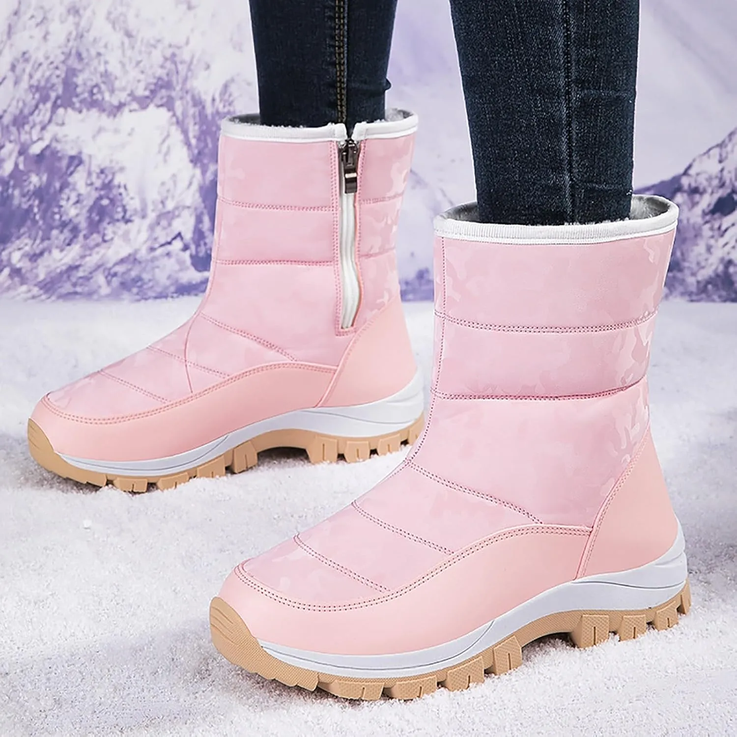 Snow Boots for Women Winter Shoes Water-proof Insulated Mid-Calf Booties Cold Weather Warm Fleece Lined Wide Outdoor Boot Platform Fashion High-Top Sneakers Comfortable Slip On Boots for Women
