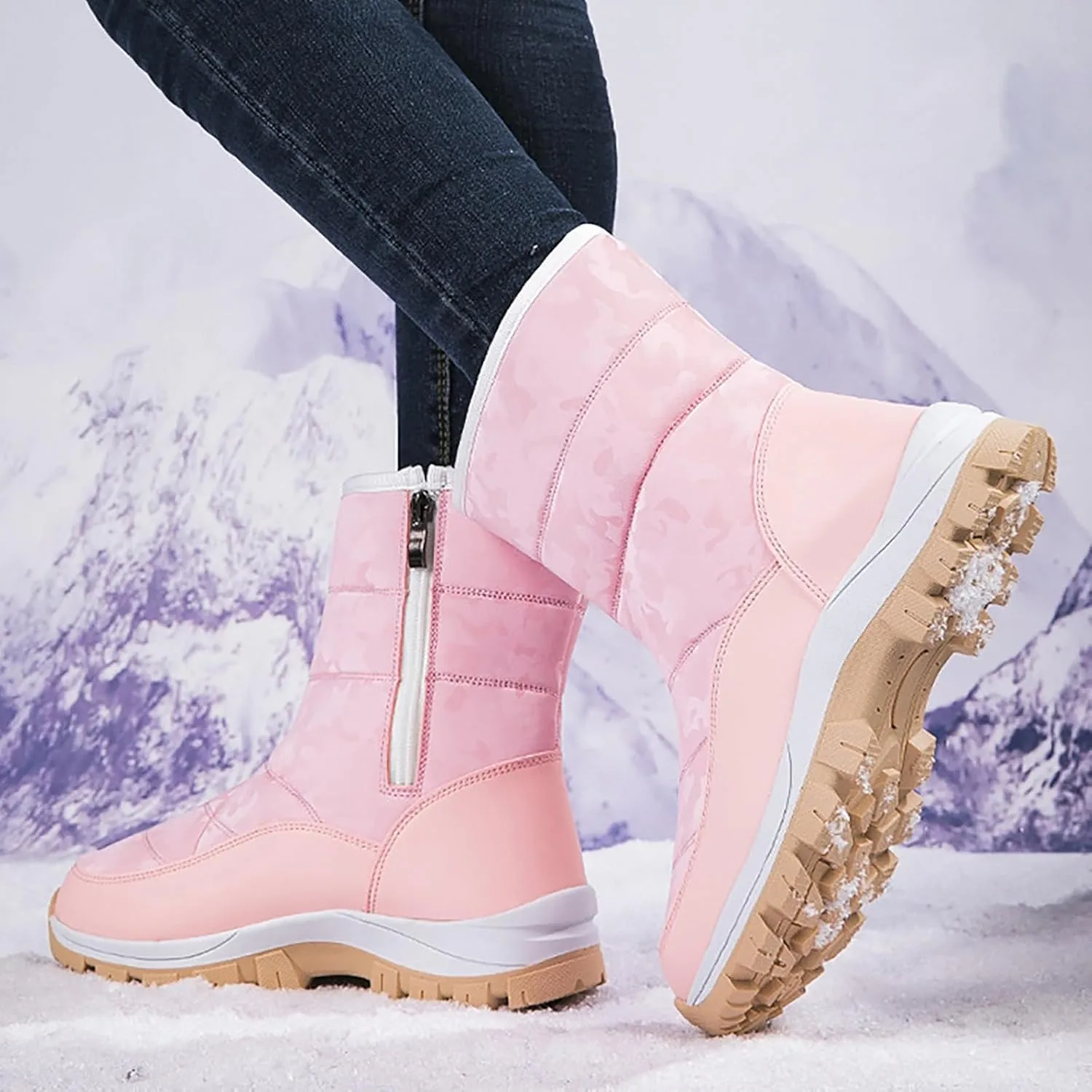 Snow Boots for Women Winter Shoes Water-proof Insulated Mid-Calf Booties Cold Weather Warm Fleece Lined Wide Outdoor Boot Platform Fashion High-Top Sneakers Comfortable Slip On Boots for Women