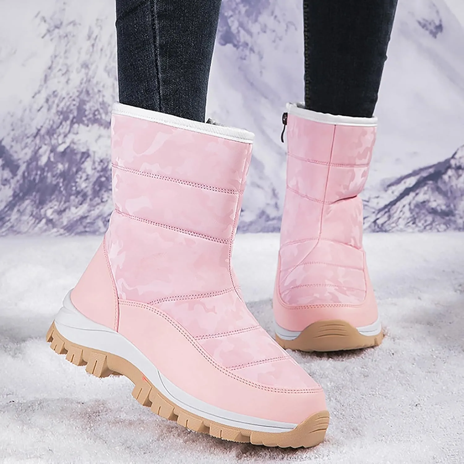 Snow Boots for Women Winter Shoes Water-proof Insulated Mid-Calf Booties Cold Weather Warm Fleece Lined Wide Outdoor Boot Platform Fashion High-Top Sneakers Comfortable Slip On Boots for Women