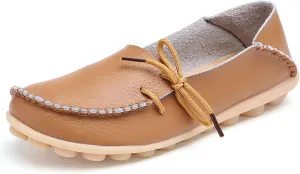 Solaud Women's Driving Moccasins Loafers Casual Round Toe Soft Comfortable Leather Loafers Breathable Slip On Walking Shoes Brown