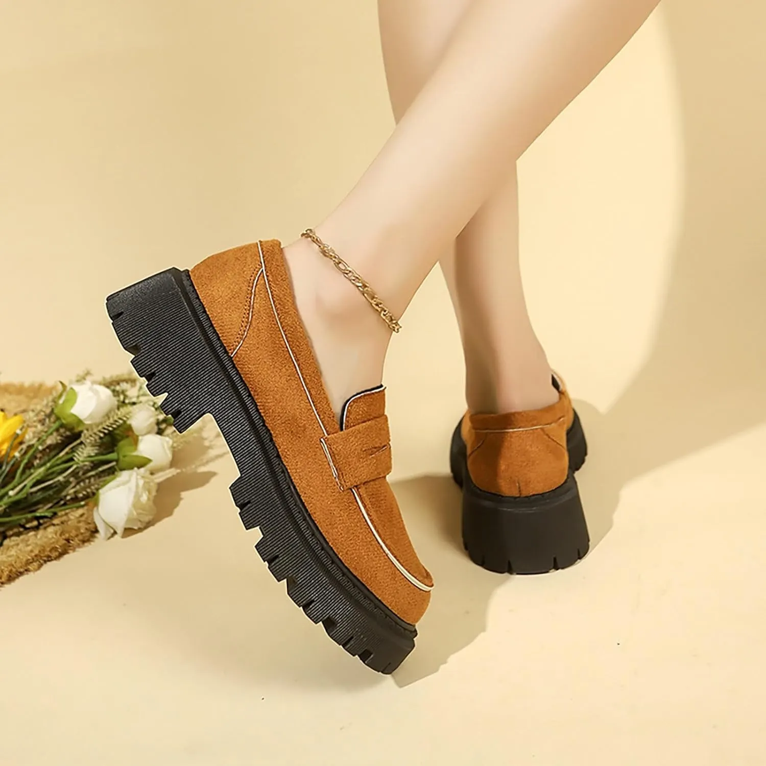 Suede Loafers Women Leather Slip-On Loafers Casual Work Shoe Chunky Business Shoes Comfortable Wide Shoes