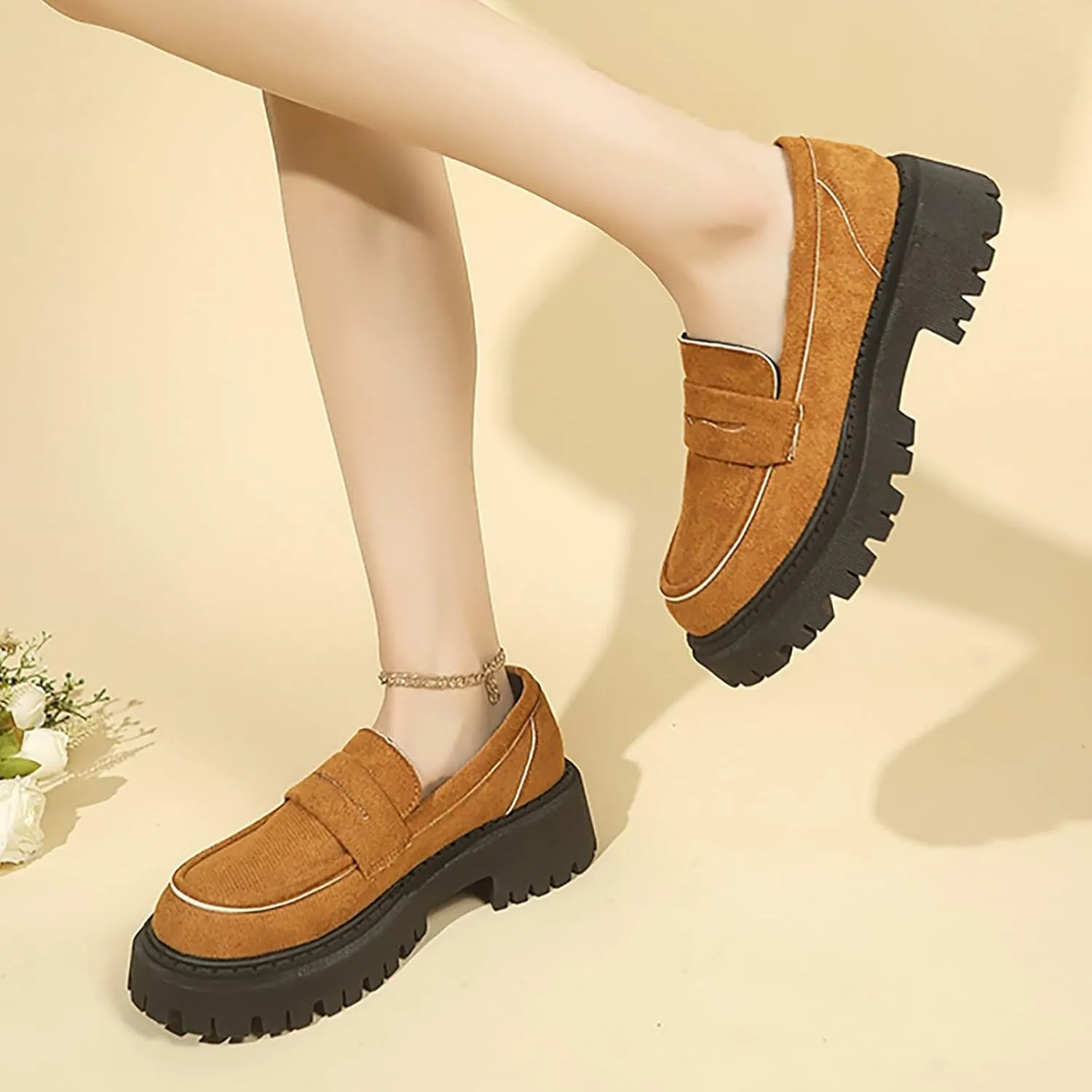 Suede Loafers Women Leather Slip-On Loafers Casual Work Shoe Chunky Business Shoes Comfortable Wide Shoes