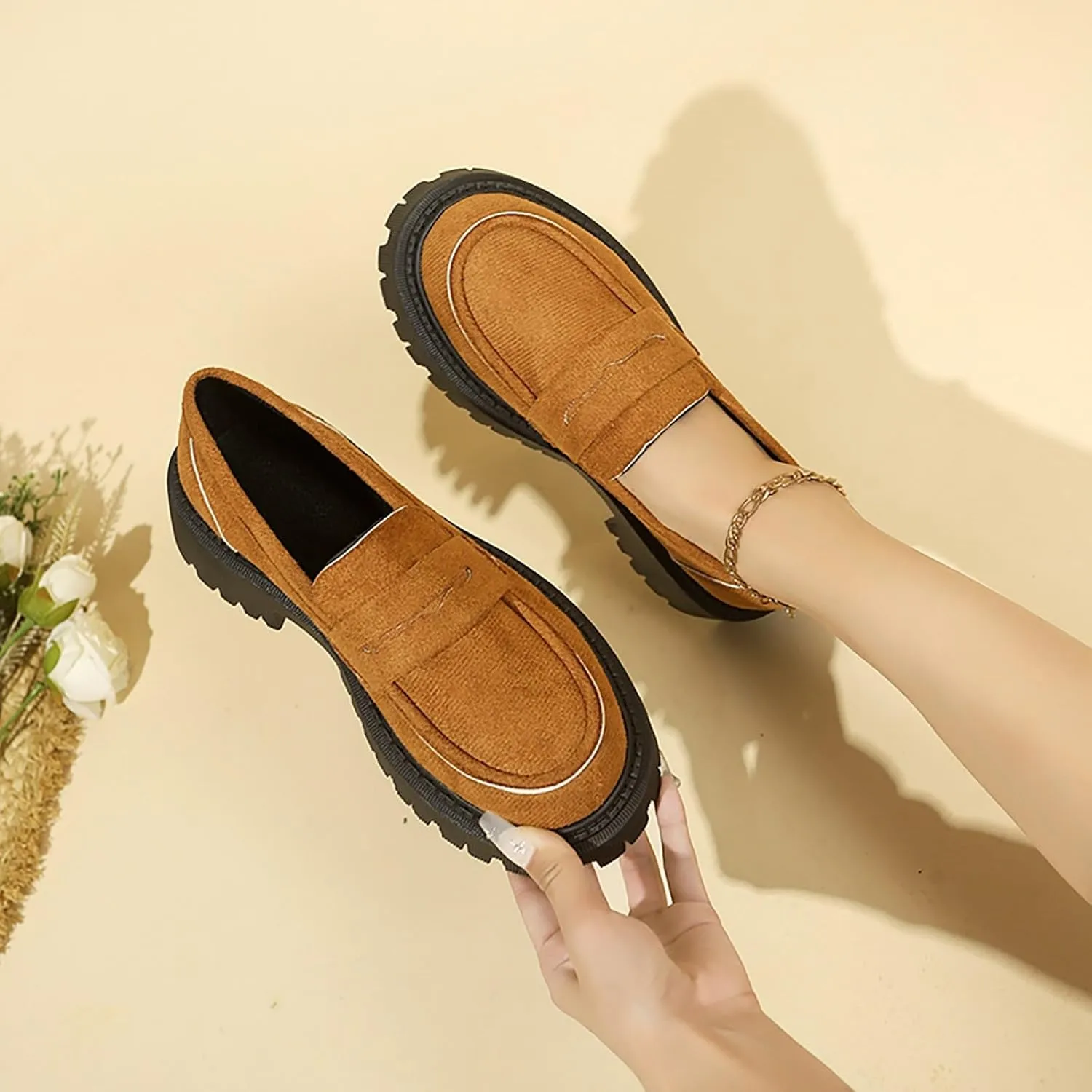 Suede Loafers Women Leather Slip-On Loafers Casual Work Shoe Chunky Business Shoes Comfortable Wide Shoes