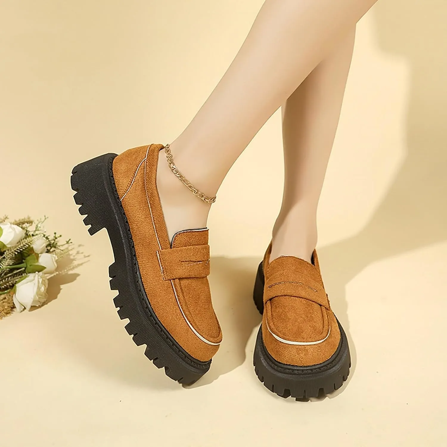 Suede Loafers Women Leather Slip-On Loafers Casual Work Shoe Chunky Business Shoes Comfortable Wide Shoes