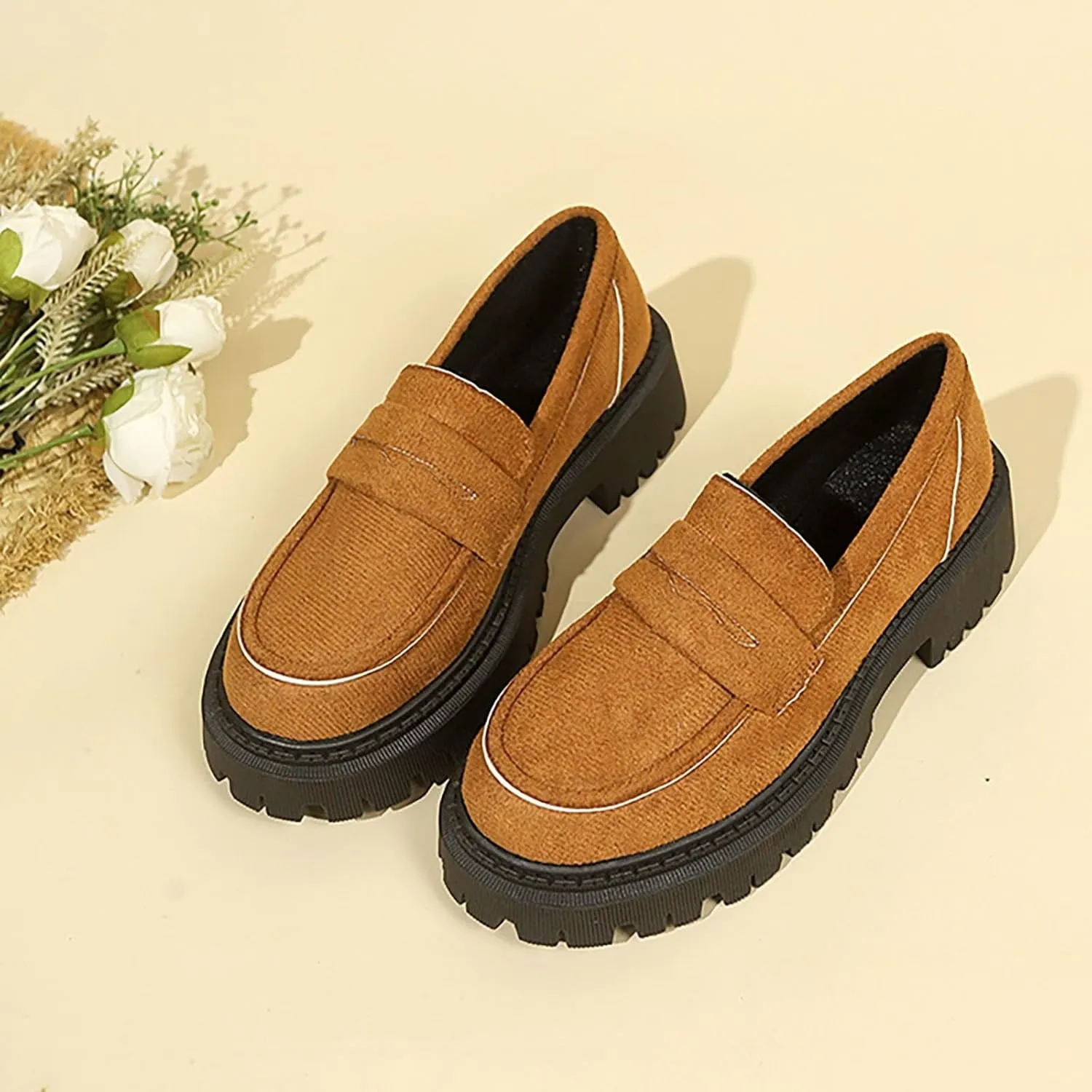 Suede Loafers Women Leather Slip-On Loafers Casual Work Shoe Chunky Business Shoes Comfortable Wide Shoes