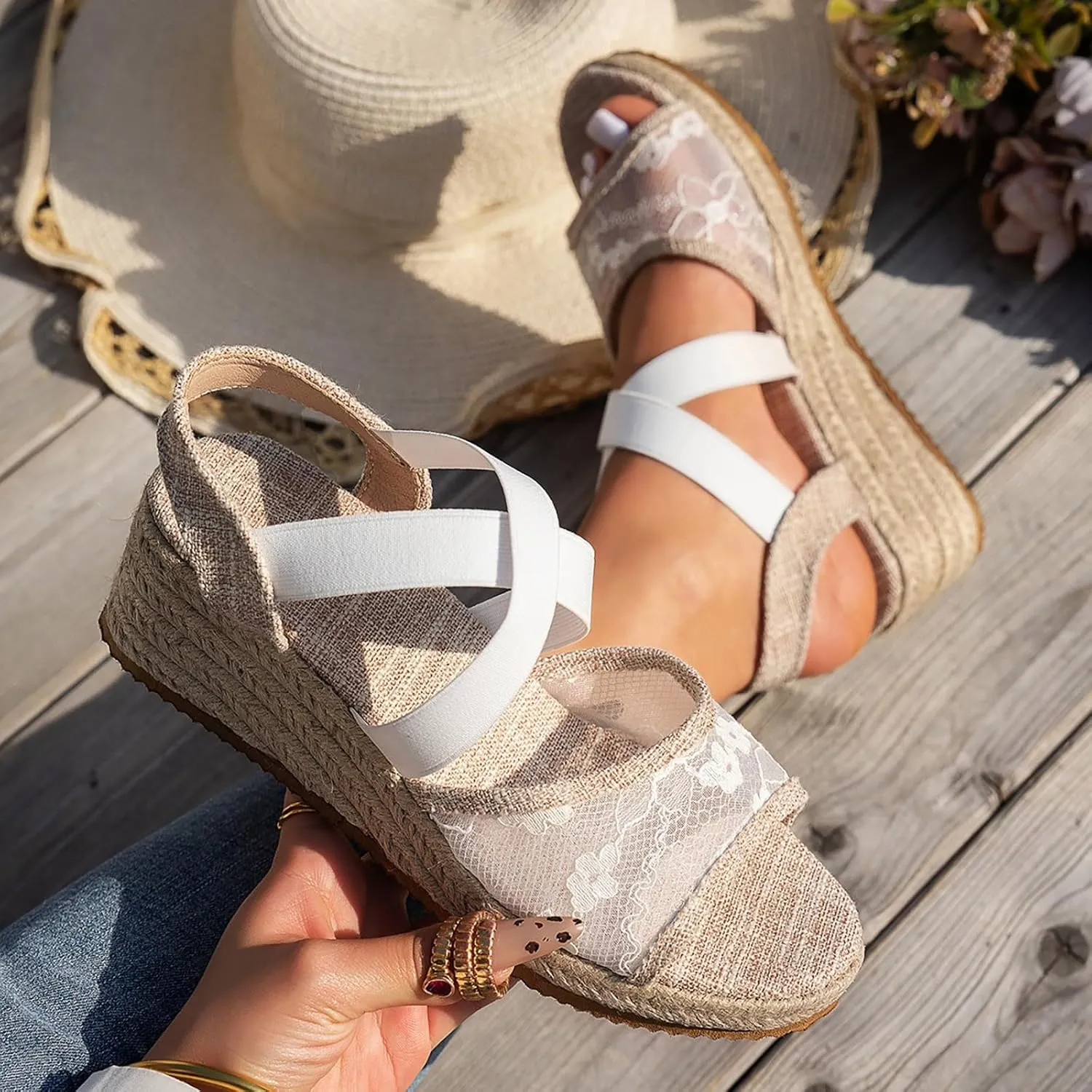 Summer Sandals For Women 2025,Espadrille Wedge Comfortable Women's Platform Ankle Crosscriss Strap Open Toe Lace Wedges Heels Walking Beach Casual Sandal Wide Dress Dressy Shoes for Party Vacation