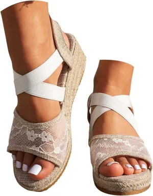 Summer Sandals For Women 2025,Espadrille Wedge Comfortable Women's Platform Ankle Crosscriss Strap Open Toe Lace Wedges Heels Walking Beach Casual Sandal Wide Dress Dressy Shoes for Party Vacation