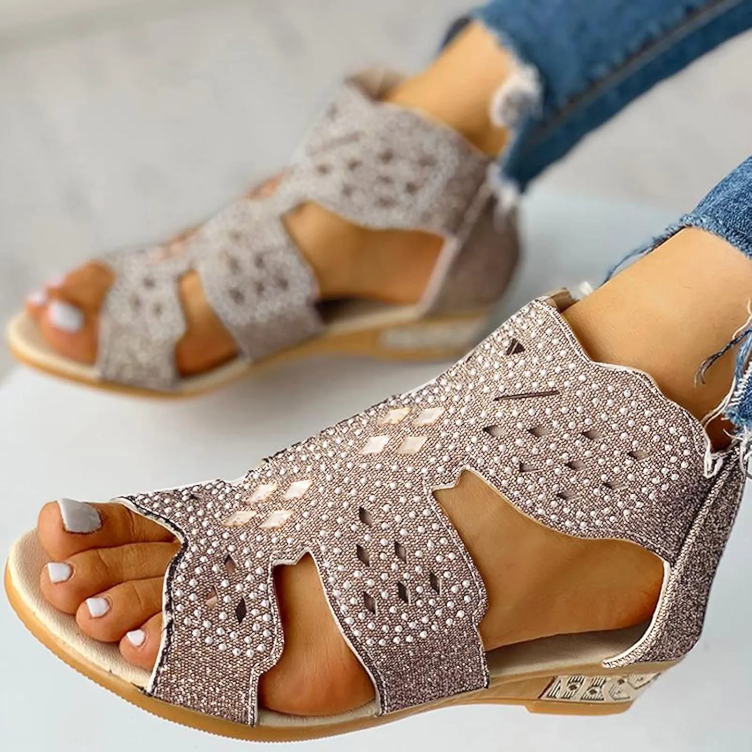 Summer Sandals for Women, Sandals for Women Dressy Boho Sandals Casual Sandals Low Wedges Peep Toe Wrapp Sandals