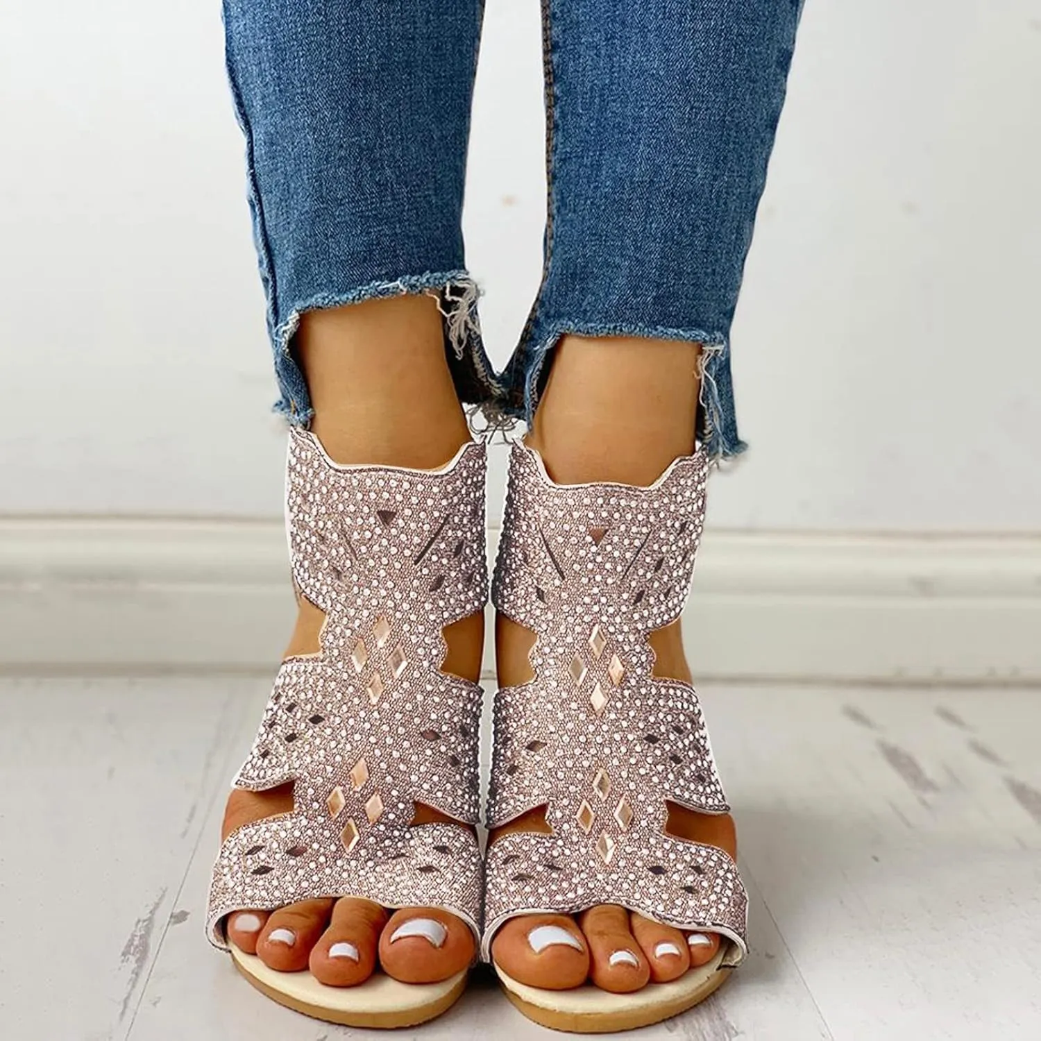 Summer Sandals for Women, Sandals for Women Dressy Boho Sandals Casual Sandals Low Wedges Peep Toe Wrapp Sandals