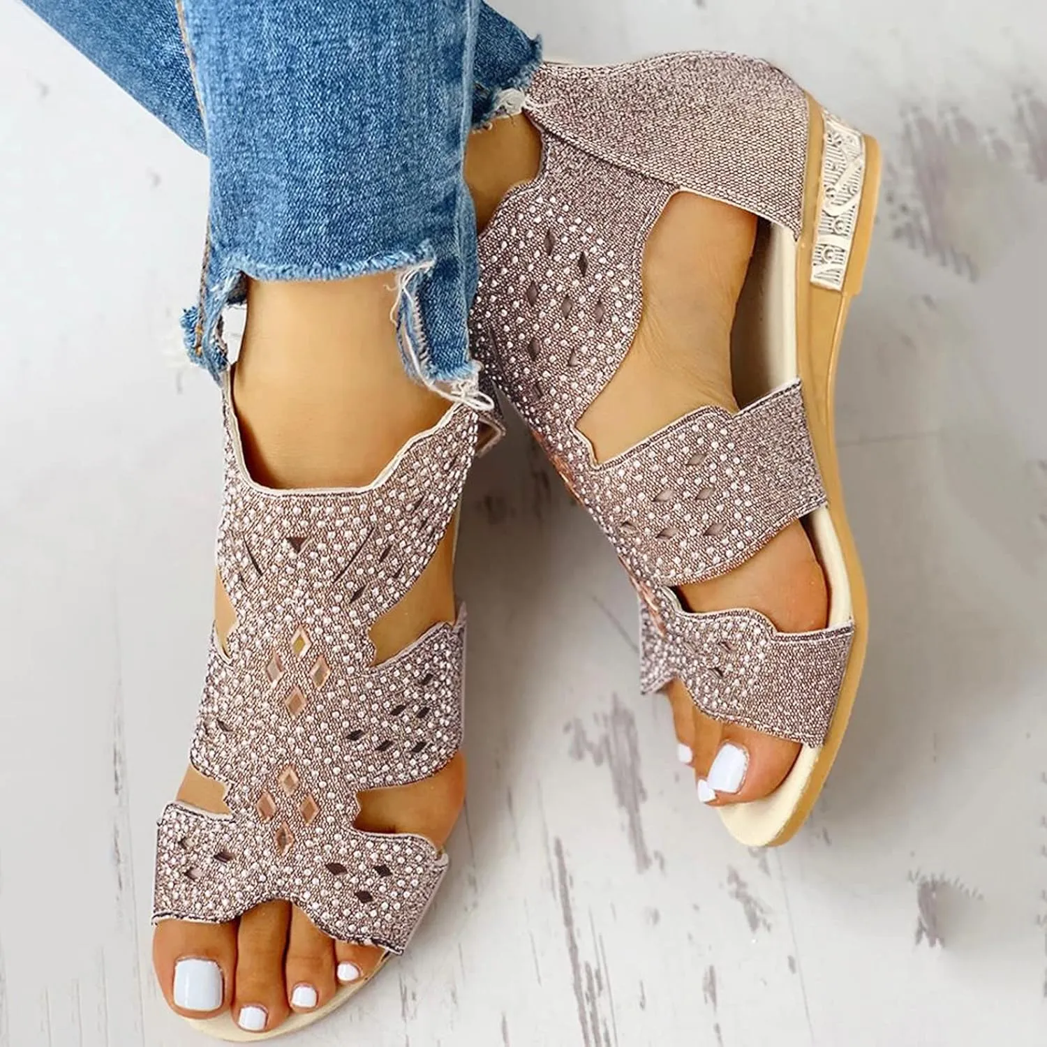 Summer Sandals for Women, Sandals for Women Dressy Boho Sandals Casual Sandals Low Wedges Peep Toe Wrapp Sandals