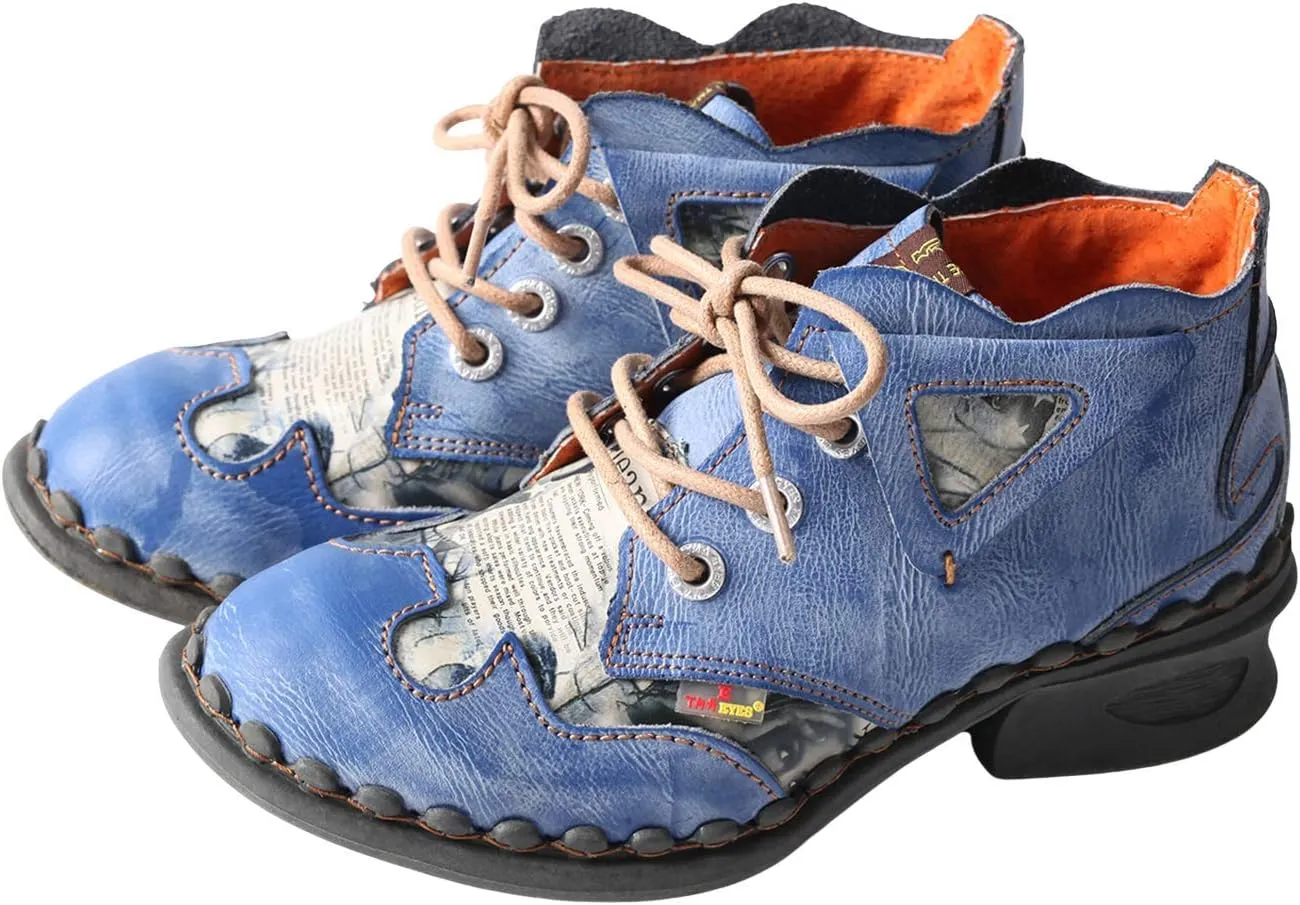 TMA EYES Leather Women's Ankle Boots Shoes for Outdoor,Medium heel, Floral Newspaper Printed Leather Material