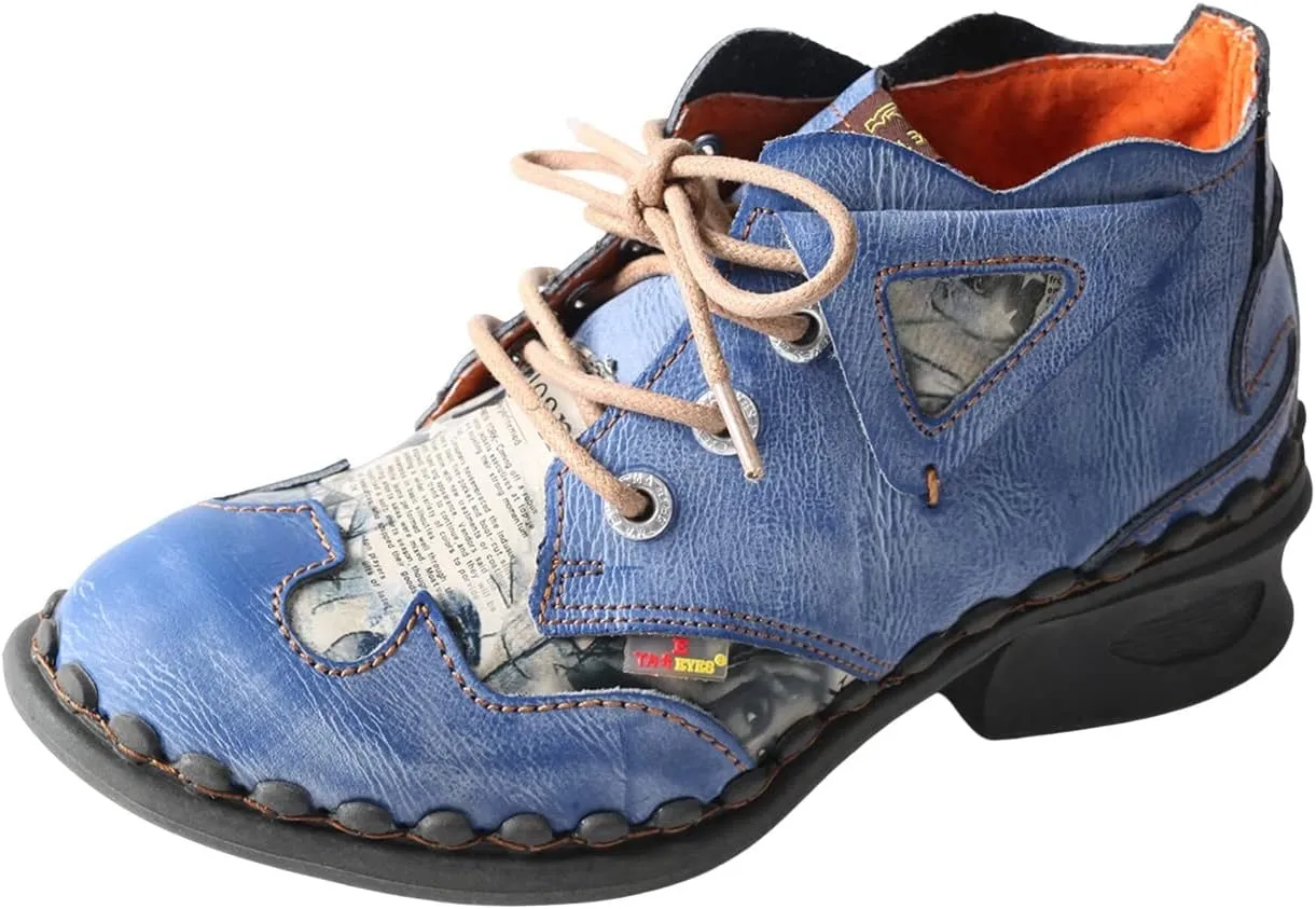 TMA EYES Leather Women's Ankle Boots Shoes for Outdoor,Medium heel, Floral Newspaper Printed Leather Material