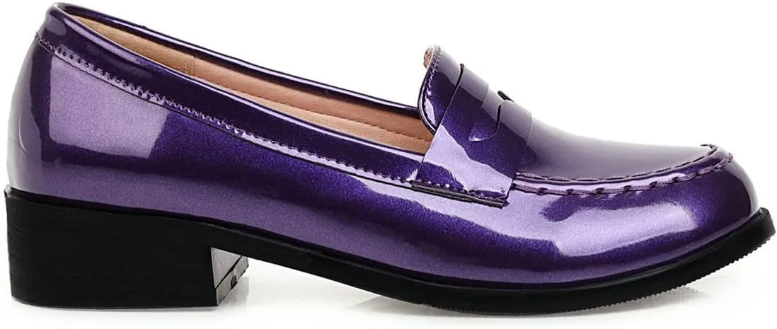 UniqueStride Womens Loafers Flat Shoes Patent Leather Platform Low Chunky Heel Classic Round Toe Pumps