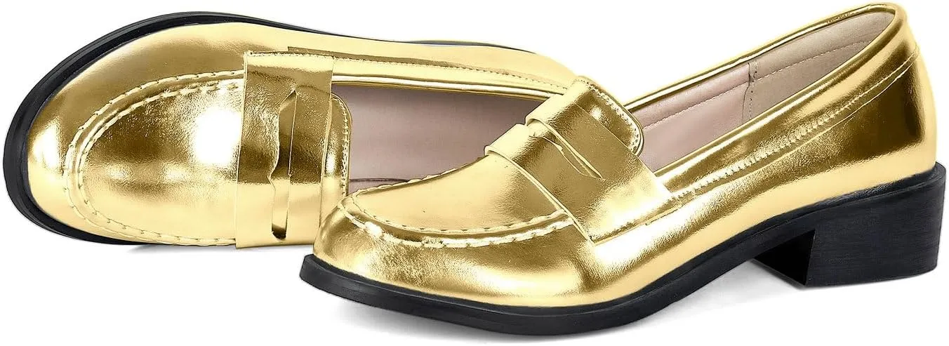 UniqueStride Womens Loafers Flat Shoes Patent Leather Platform Low Chunky Heel Classic Round Toe Pumps