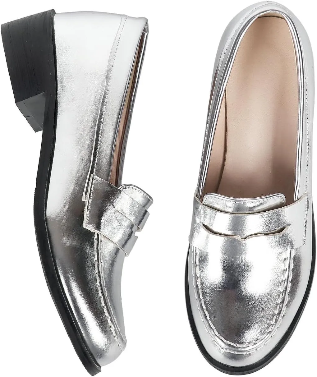 UniqueStride Womens Loafers Flat Shoes Patent Leather Platform Low Chunky Heel Classic Round Toe Pumps