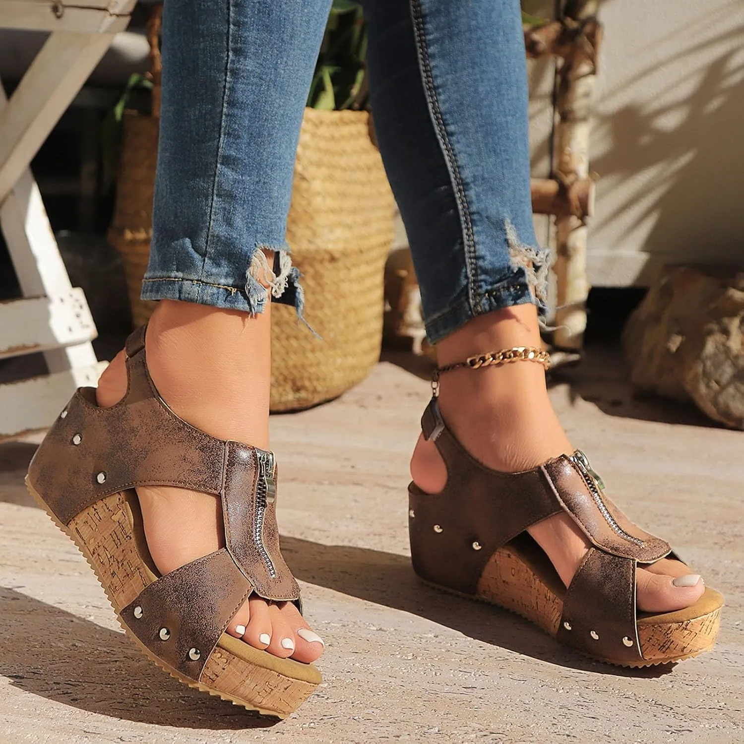 Wedge Sandals for Women Comfortable Wide Width Open Toe Buckle Ankle Strap Sandals Summer Casual Zipper Slip On Shoes Walking Roma Shoes