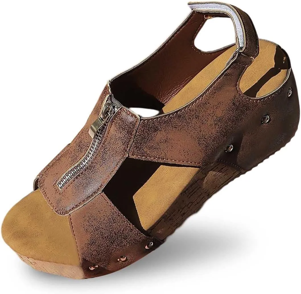Wedge Sandals for Women Comfortable Wide Width Open Toe Buckle Ankle Strap Sandals Summer Casual Zipper Slip On Shoes Walking Roma Shoes