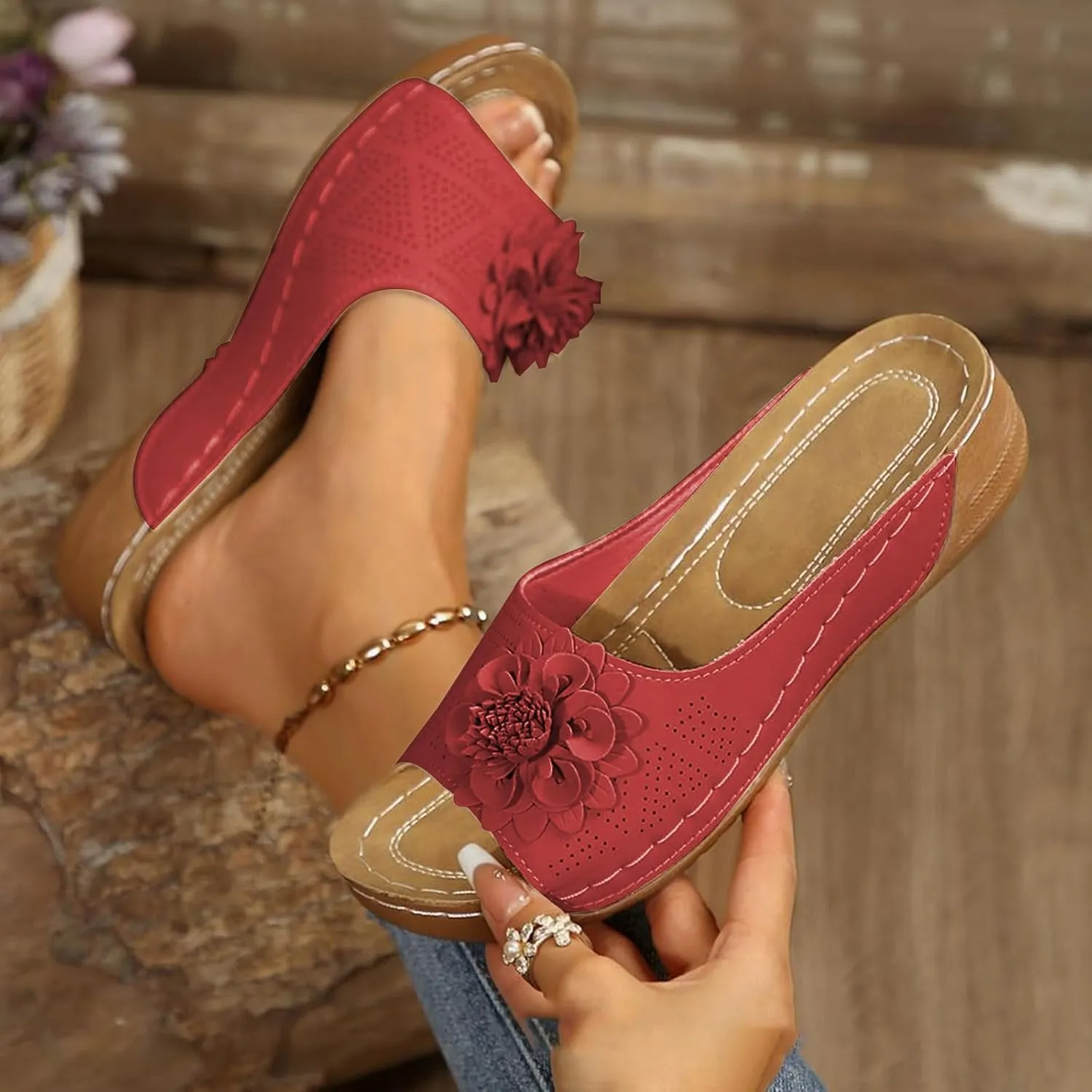 Wedge Sandals for Women Summer Beach Floral Embellished Comfort Sandals Mesh Breathable Open Toe Slip On Shoes