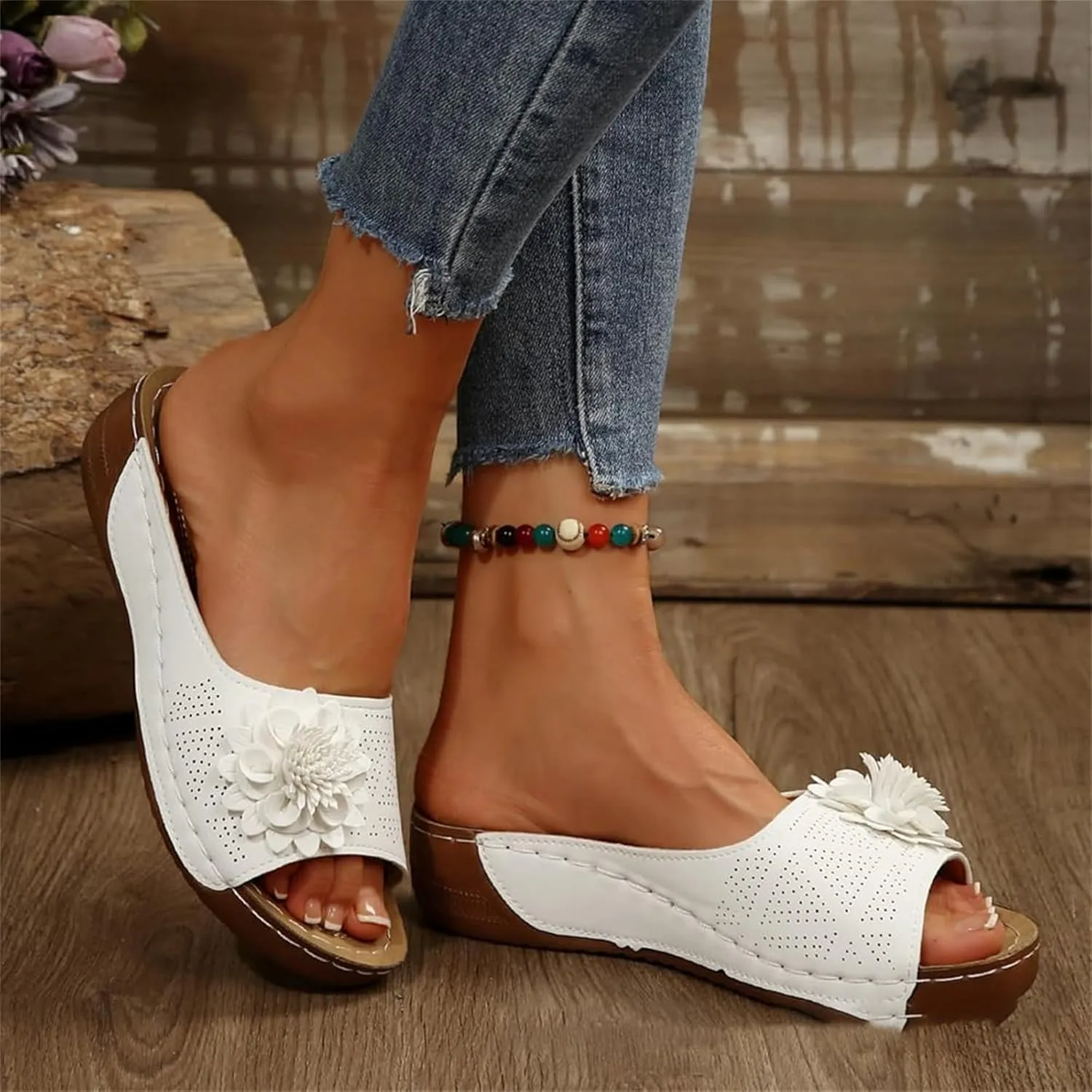 Wedge Sandals for Women Summer Beach Floral Embellished Comfort Sandals Mesh Breathable Open Toe Slip On Shoes