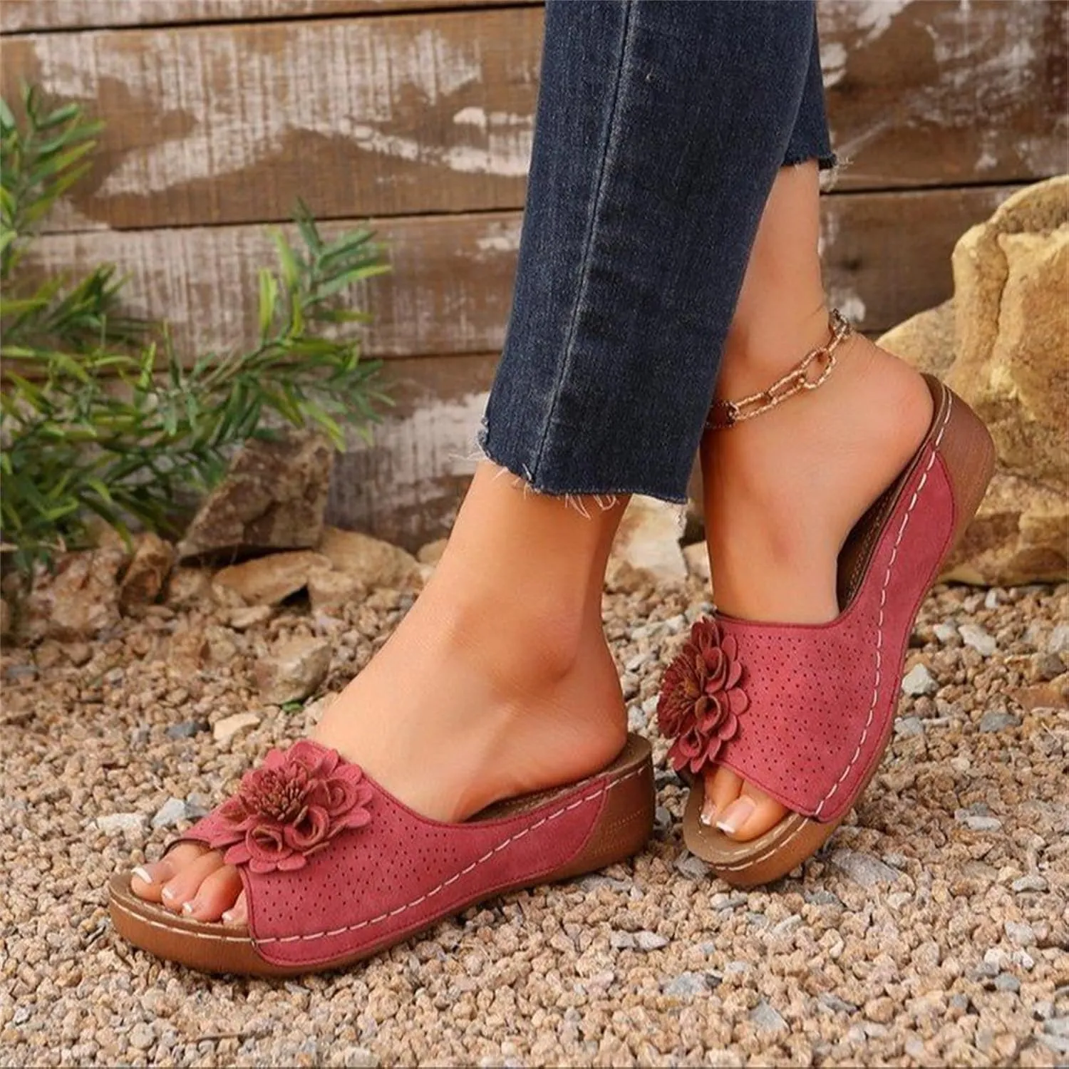 Wedge Sandals for Women Summer Beach Floral Embellished Comfort Sandals Mesh Breathable Open Toe Slip On Shoes