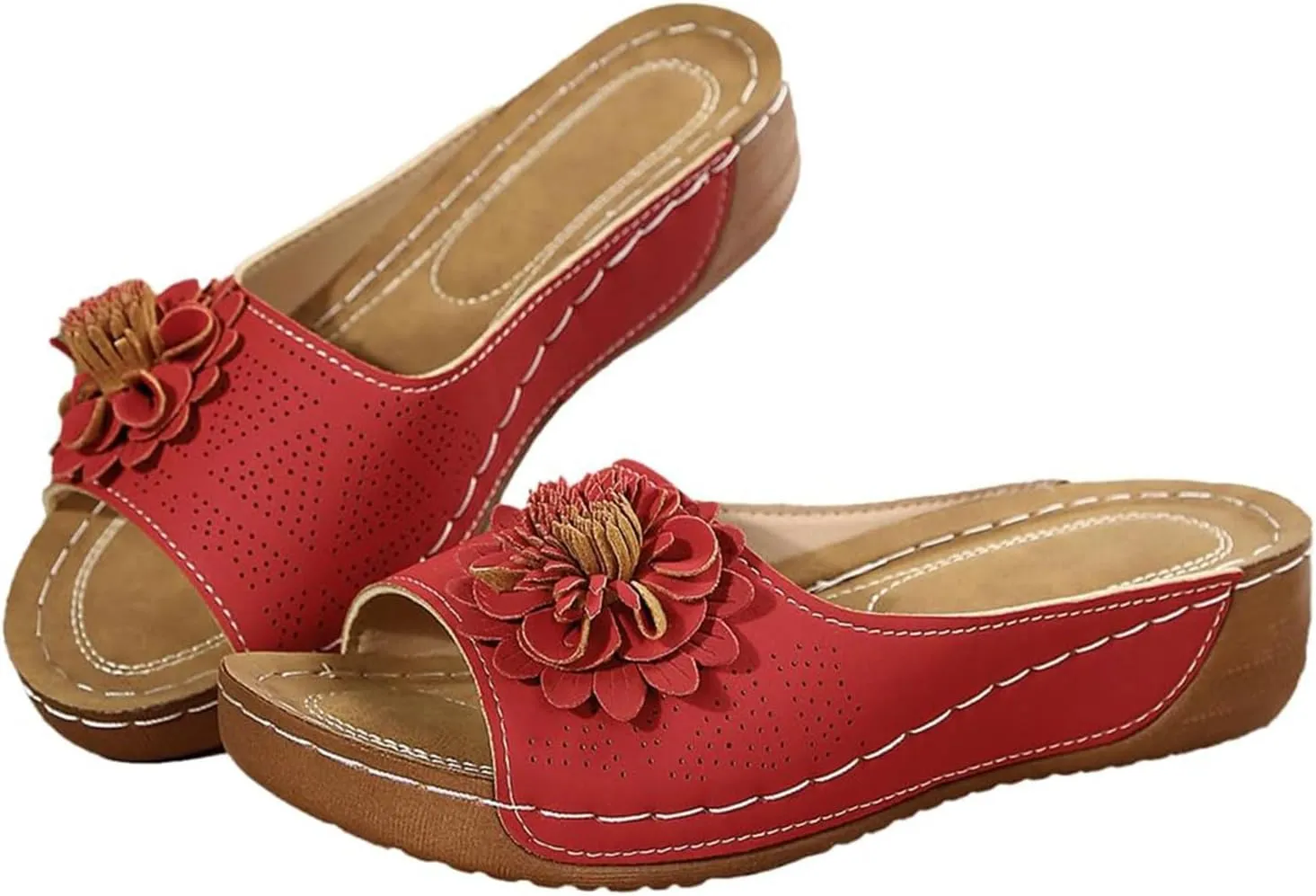 Wedge Sandals for Women Summer Beach Floral Embellished Comfort Sandals Mesh Breathable Open Toe Slip On Shoes