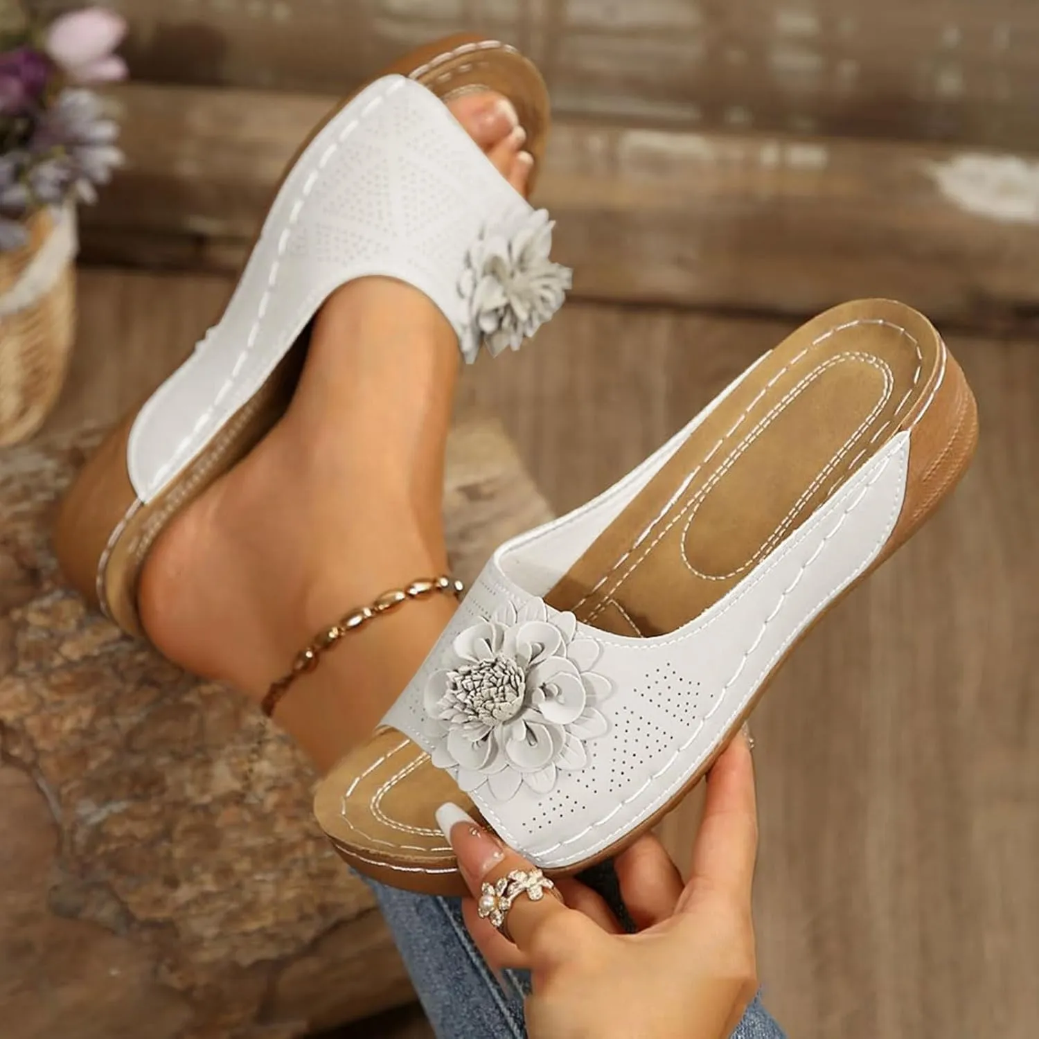 Wedge Sandals for Women Summer Beach Floral Embellished Comfort Sandals Mesh Breathable Open Toe Slip On Shoes